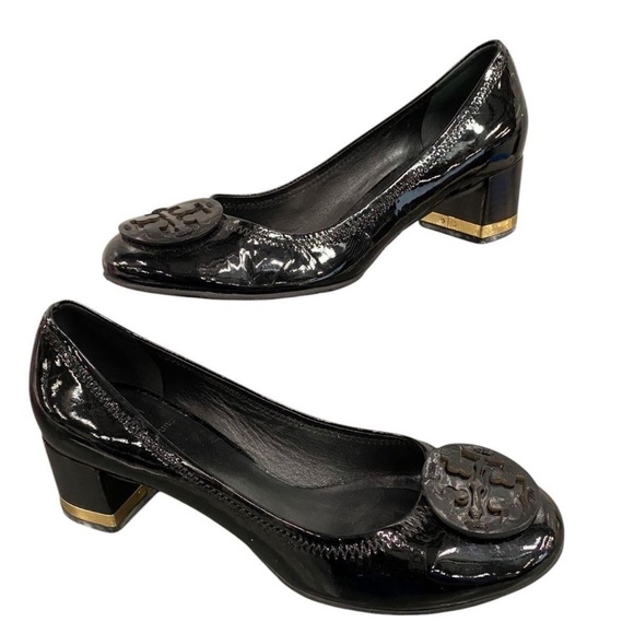 Tory Burch Amy Patent Leather Block Heel Pumps Black Gold Trim Logo Size 8 M - Picture 1 of 8